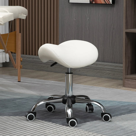 HOMCOM Cosmetic Stool 360 Rotate Height Adjustable Salon Massage Spa Chair Hydraulic Rolling Faux Leather Saddle Stool, Cream