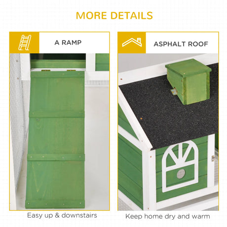PawHut Wooden Rabbit Hutch and Run with Sliding Tray, Ramp, Water-resistant Roof, for 2-4 Rabbits, Green