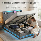 HOMCOM 4ft6 Double Bed Frame with Headboard, Platform Bed Frame with Hydraulic Storage, LED Lights and Charging Station, Grey