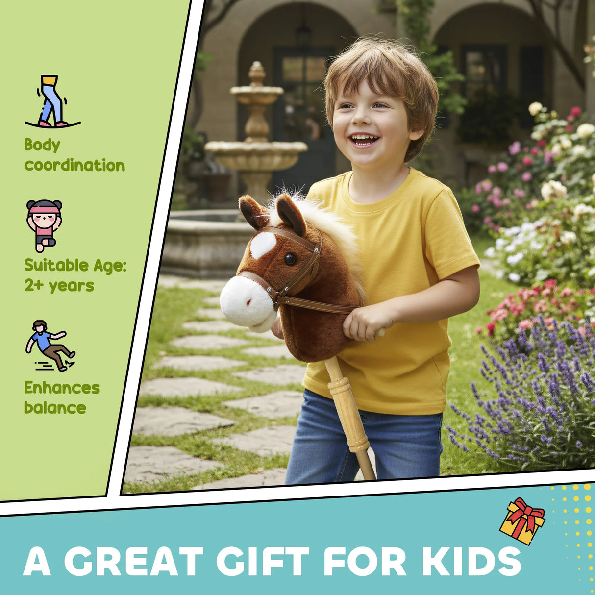 AIYAPLAY Stick Horse with Wood Wheels, Real Pony Neighing and Galloping Sounds, Grip Handle, 95 cm, Brown