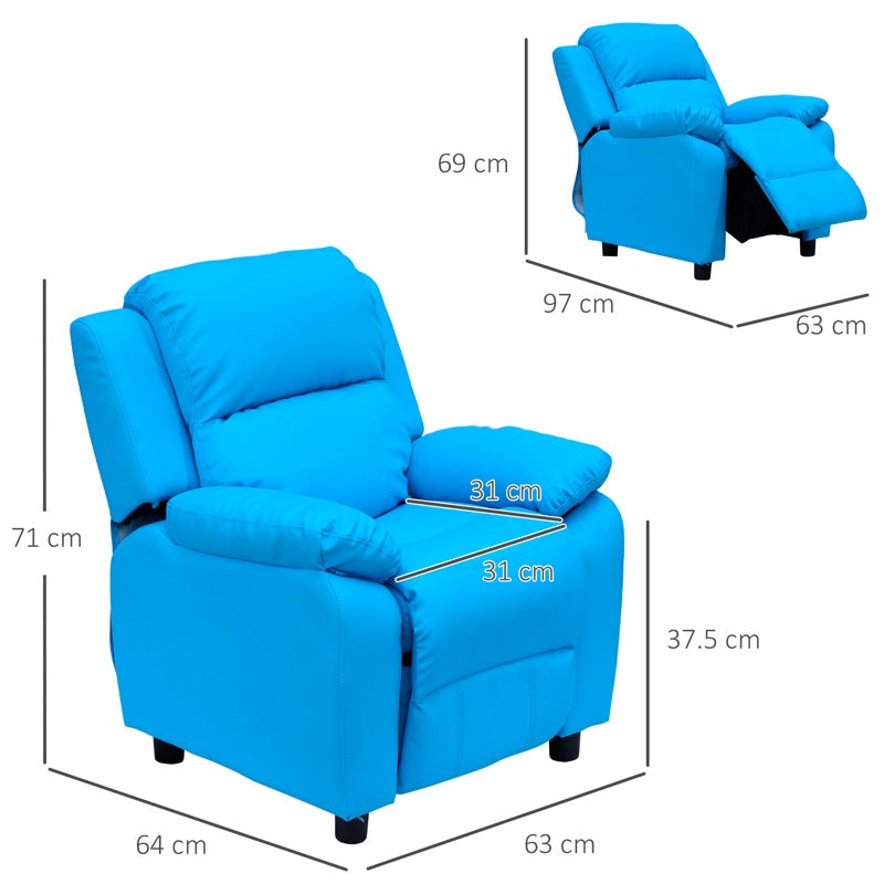 HOMCOM Kids Children Recliner Lounger Armchair Games Chair Sofa Seat PU Leather Look w/ Storage Space on Arms (Blue)