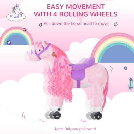 HOMCOM Plush Walking Horse Ride On Toy with Wheels and Realistic Sounds Rocking Horse for Girls Boys 2+ Years Old, 50cm Tall, Pink