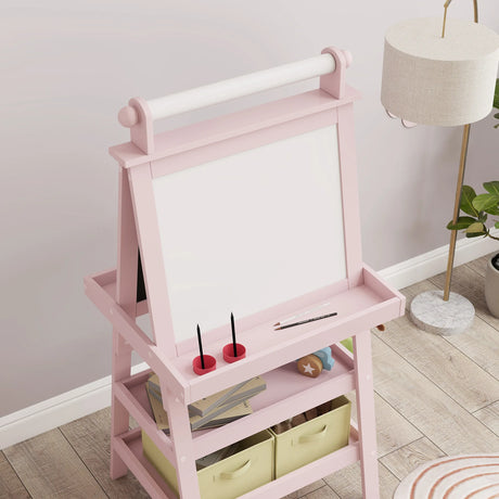 AIYAPLAY 3 in 1 Kids Easel Double-Sided Magnetic Whiteboard and Chalkboard with Paper Roll, Storage Baskets - Pink