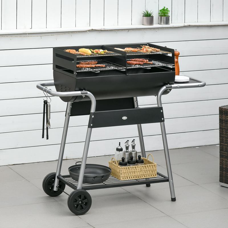 Outsunny Charcoal Barbecue Grill BBQ Trolley with Double Grill, Side Table, Storage Shelf, and Wheels for Outdoor Cooking, 130 x 51 x 111cm, Black