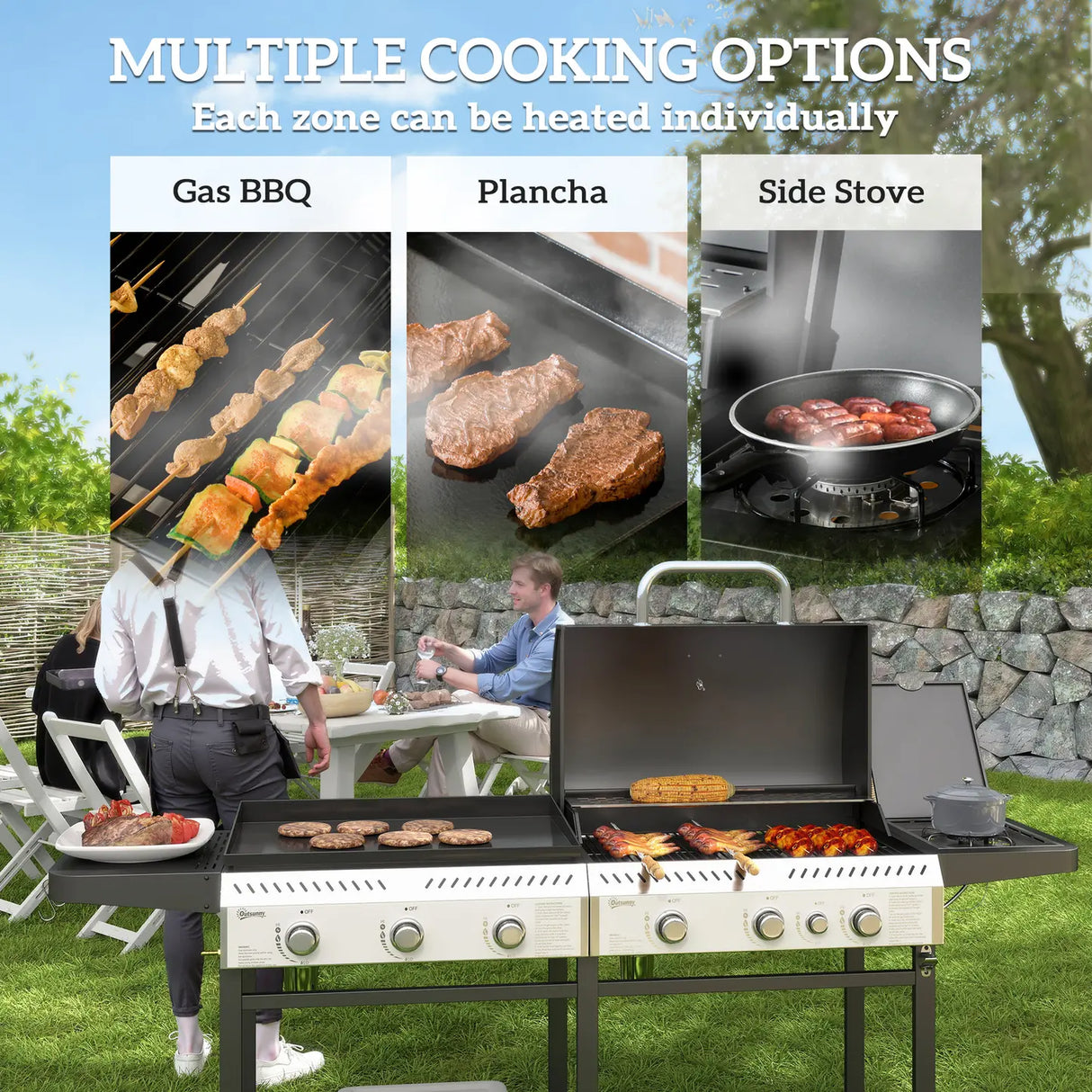 Outsunny Deluxe Duo Gas BBQ, with Grill, Plancha and Side Burner - Black