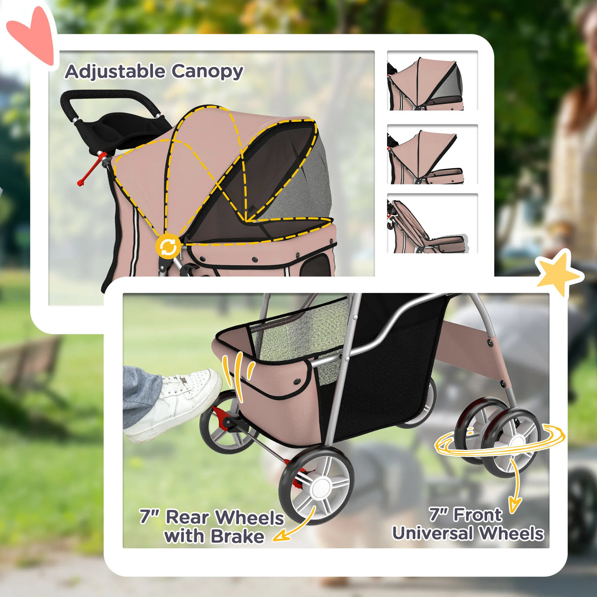 PawHut Dog Pram, Pet Stroller with Reflective Strips, Foldable Cat Stroller with 360 Swivel Wheels, Brown
