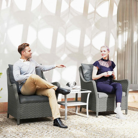 Outsunny Rattan Garden Chairs Set of 2, Outdoor Rattan Chairs with Cushions, Armrests and High Back, PE Wicker Garden Armchair with Steel Frame for Balcony, Porch, Dark Grey