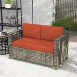 Outsunny Rattan Sofa, 2 Seater Garden Furniture with Soft Padded Cushion and Armrests, Wicker Garden Loveseat for Patio, Grey