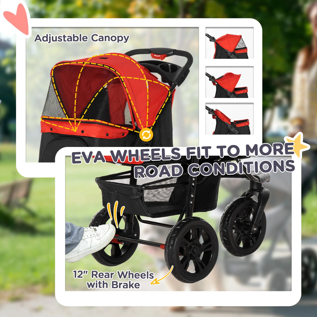 PawHut Dog Stroller Foldable Pet Pram, 3 Wheels Dog Pushchair with Brake, for Small Dogs & Cats, Red
