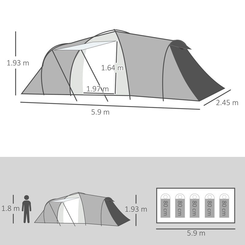 Outsunny Four-Man Tunnel Tent, with Two Bedrooms and Living Room - Grey/Yellow