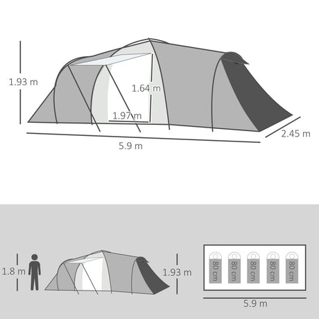 Outsunny Four-Man Tunnel Tent, with Two Bedrooms and Living Room - Grey/Yellow