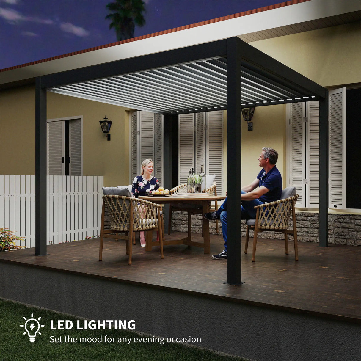 Outsunny 3 x 3(m) Electric Louvered Pergola with LED Lights, Aluminium Pergola Hardtop Gazebo with Remote, Adjustable Roof and Drainage System, Water and UV Proof