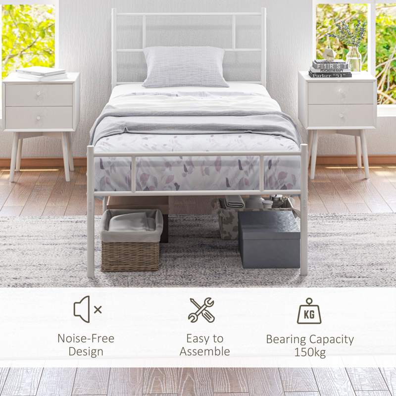 HOMCOM Single Bed Frame, Metal Bed Base with Headboard and Footboard, Metal Slat Support and 31cm Underbed Storage Space