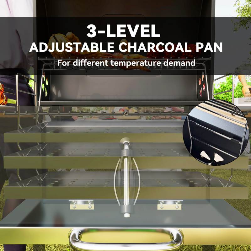 Outsunny Charcoal BBQ Grill with Height Adjustable Charcoal Pan, Portable Barbecue Smoker with Warming Rack, 3 Shelves, Temperature Gauge, Wheels, Bottle Opener for Outdoor Cooking Garden Party