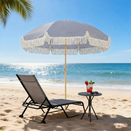 Outsunny 1.7 m Beach Umbrella with Sand Anchor, 30 Tilting Fringed Beach Garden Parasol with Adjustable Height, Blue