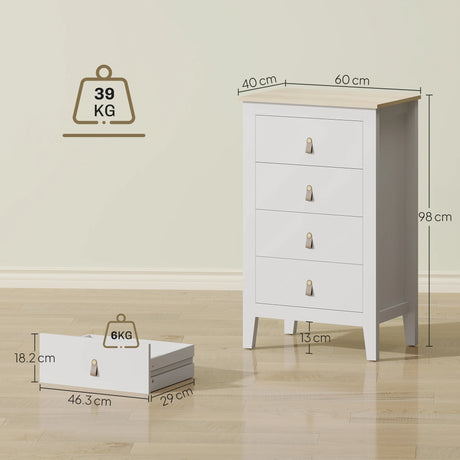 HOMCOM Bedroom Chest of Drawers, Modern 4 Drawer Dresser Cabinet with PU Leather Handles and Metal Runners for Living Room, Hallway, Entryway, White