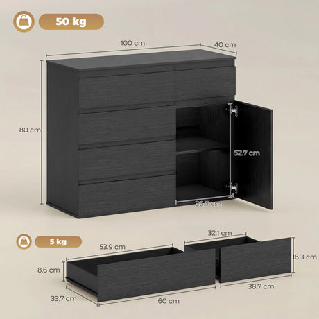 HOMCOM Modern Sideboard, Sideboard Storage Cabinet with 5 Drawers, Adjustable Shelf, Soft-Close Door, Black