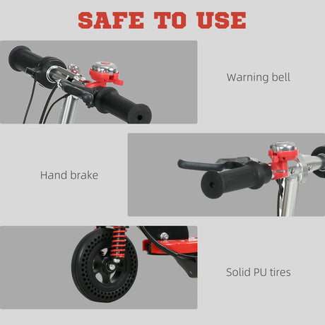 HOMCOM Steel Ride on Powered Scooter, Folding E-Scooter with Warning Bell, 15km/h Maximum Speed, for 6-14 Years Old, Red