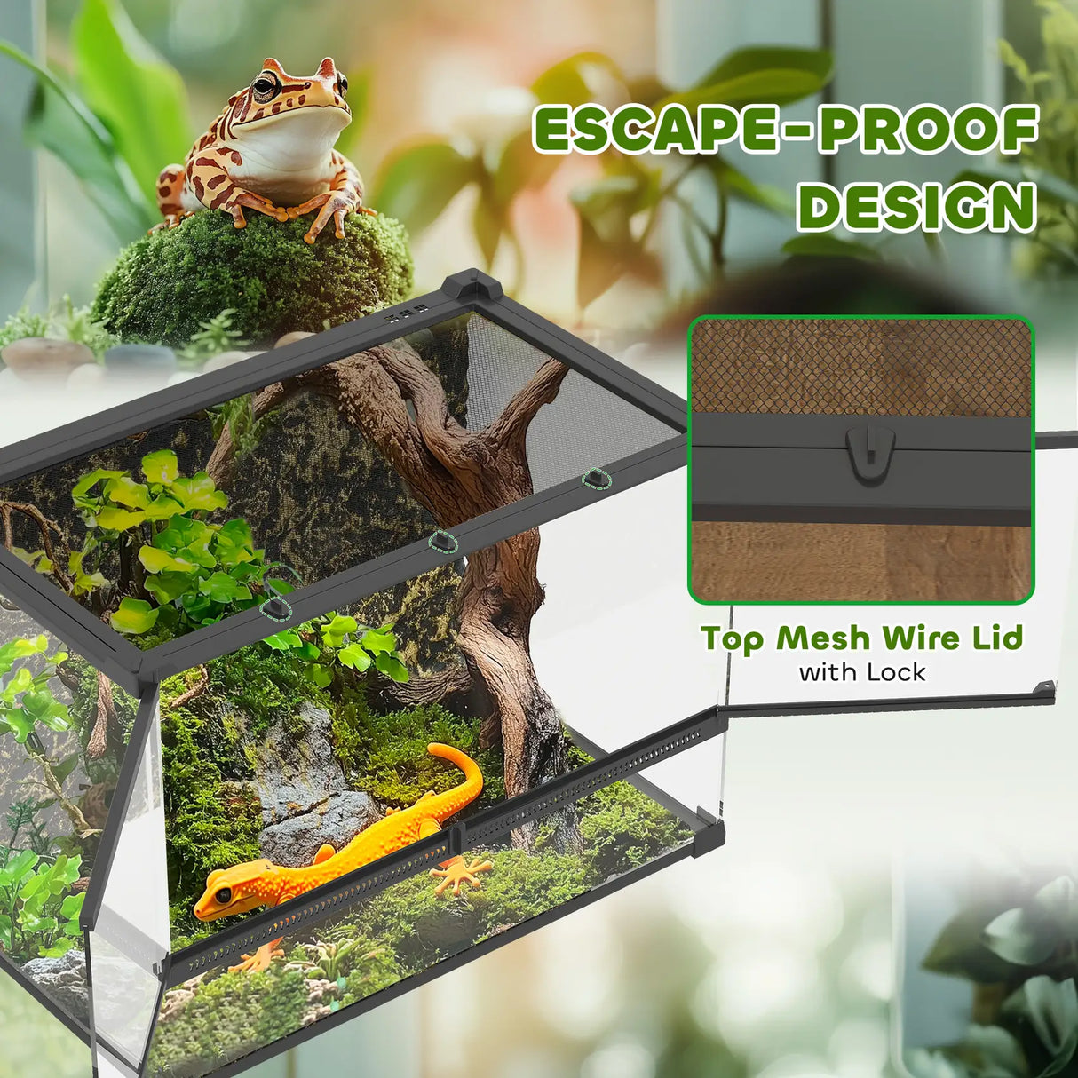 PawHut Reptile Glass Terrarium with Stone Background, Front Ventilation, Escape-Proof Knob Lock, 50 x 30 x 35 cm, Black