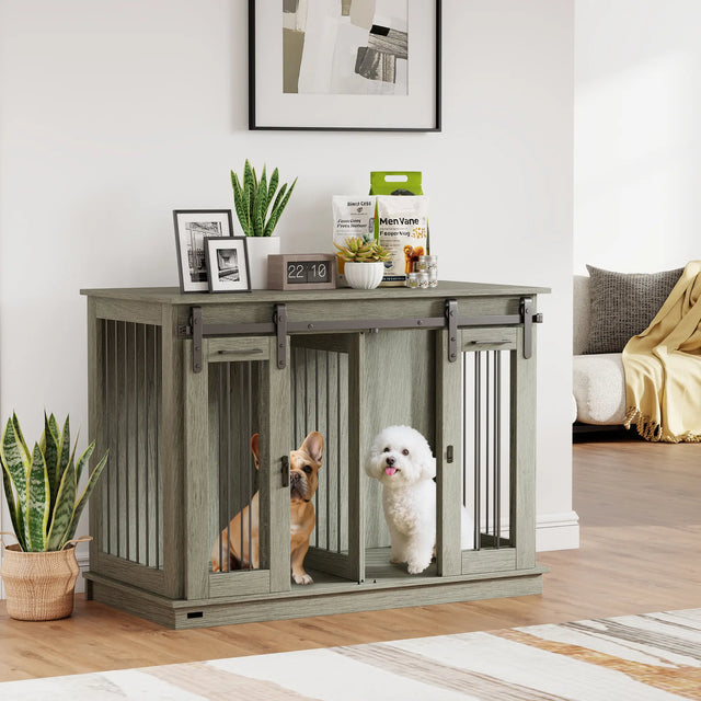 PawHut Dog Crate Furniture for Large Dogs, Double Dog Cage for Small Dogs, with Divider - Grey