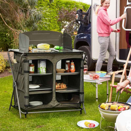 Outsunny Camping Cupboard Foldable Camping Kitchen Storage Unit w/ Windshield & 6 Shelves for BBQ Party Picnics Backyards with Carrying Bag