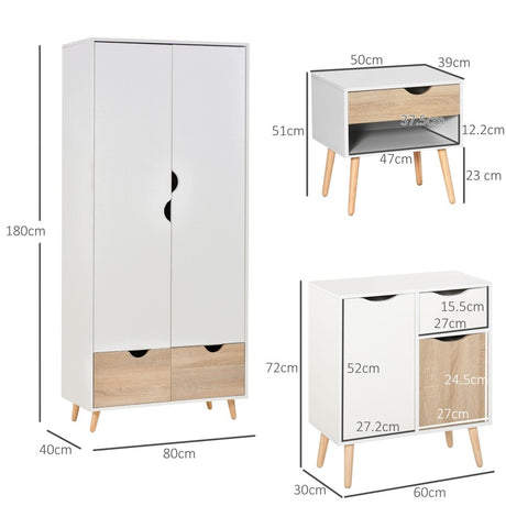 HOMCOM Bedroom Furniture Set, Wardrobe with Hanging Rail, Bedside Table, Floor Cabinet with Storage, Nature Wood Finish and White