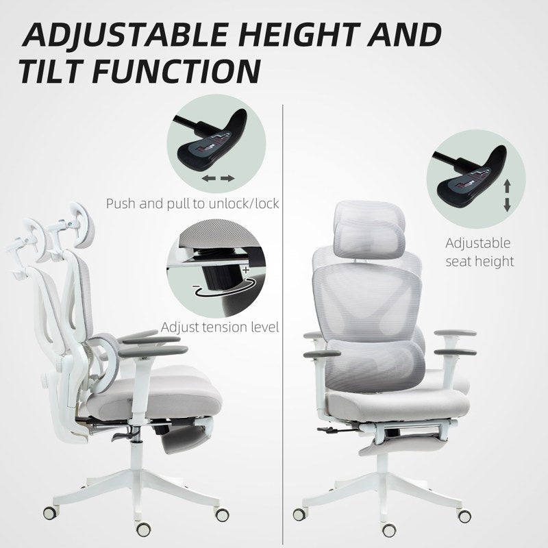 HOMCOM Executive Office Chair, Ergonomic Mesh Desk Chair with 3D Armrests, Rotatable Headrest, Adjustable Lumbar Support, Recliner Computer Swivel Chair with Footrest for Home Office, Grey