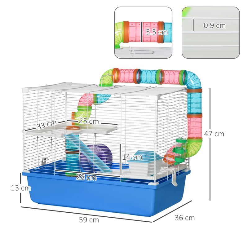 PawHut Hamster Cage, Gerbil Cage 3 Tier for Dwarf Hamster with Tube, Exercise Wheel, Water Bottle, Food Dish 59 x 36 x 47 cm- Blue