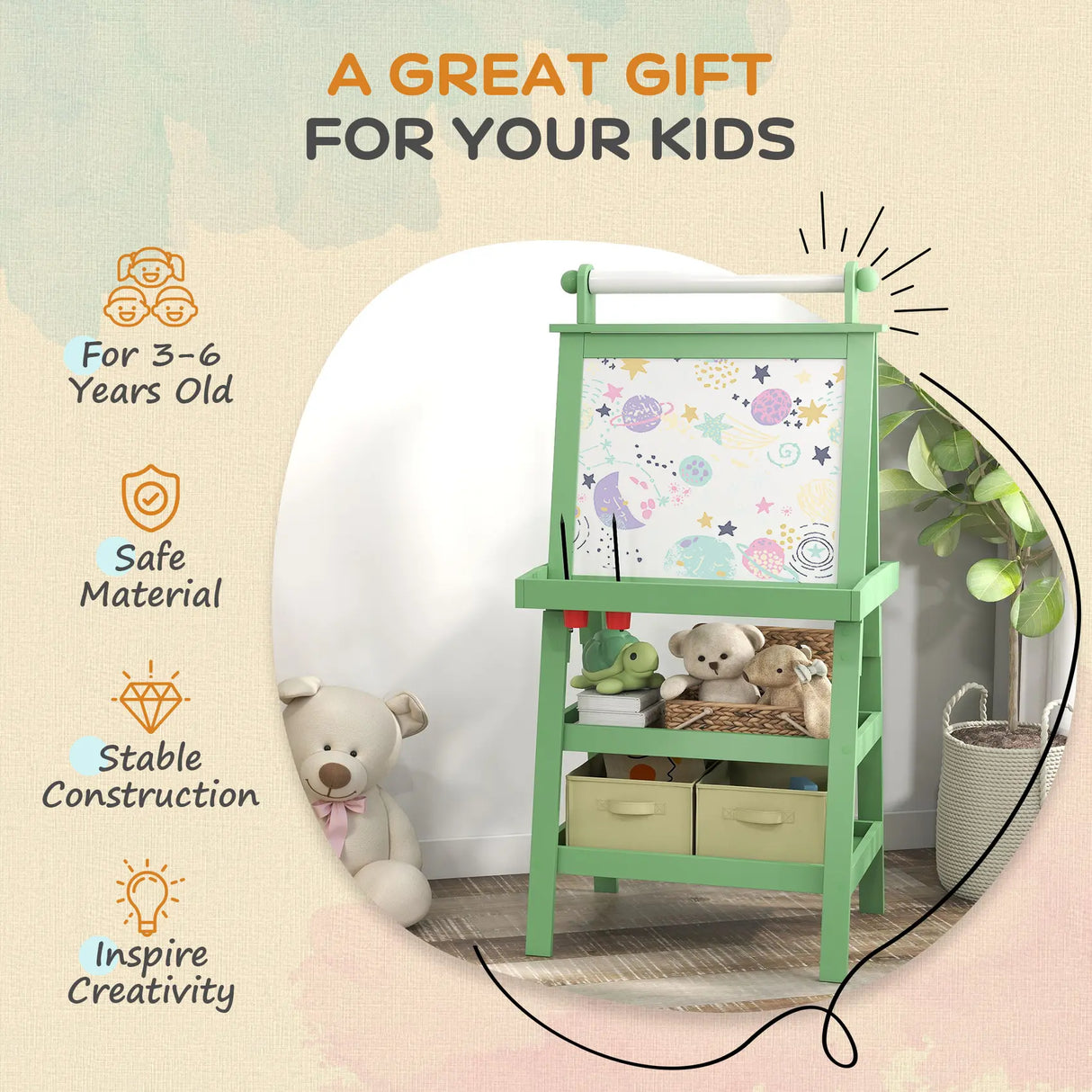 AIYAPLAY 3 in 1 Kids Easel Double-Sided Magnetic Whiteboard and Chalkboard with Paper Roll, Storage Baskets - Green