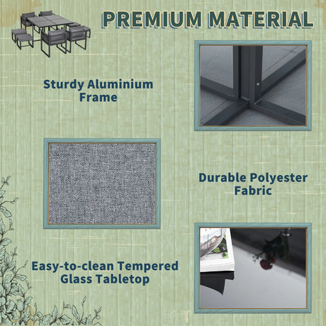 Outsunny Nine-Piece Aluminium Garden Set, with Glass-Top Table - Grey