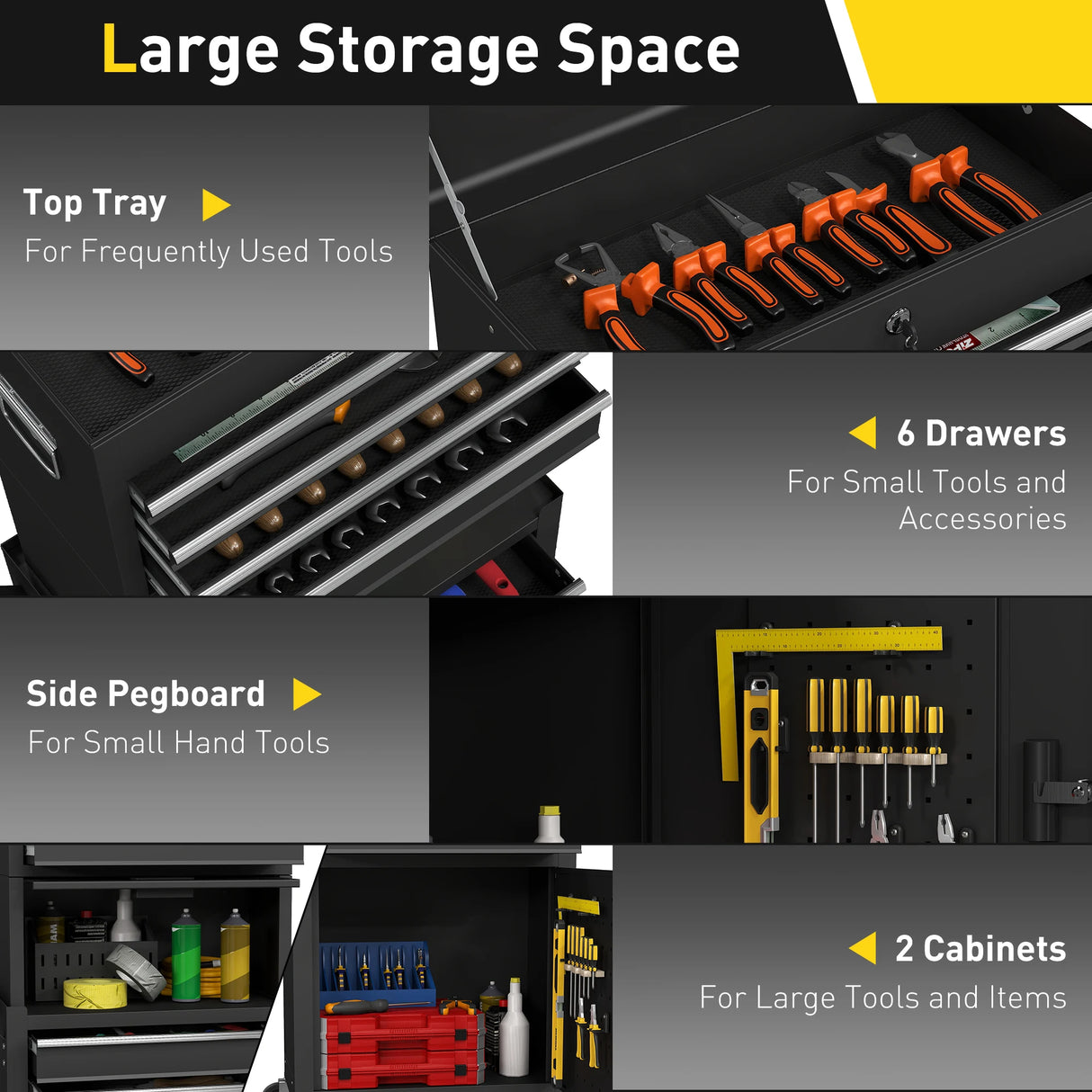 HOMCOM Three-Part Steel Locking Tool Chest - Black