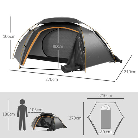 Outsunny Aluminium Frame Camping Tent Dome Tent with Removable Rainfly, 2000mm Waterproof, for 1-2 Man, Grey