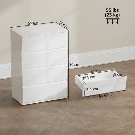 HOMCOM High Gloss Chest of Drawers, 4-Drawer Storage Cabinets, Modern Dresser for Bedroom, White