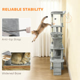 PawHut 170 cm Large Cat Tree, Cat Tower with 7 Scratching Posts, Tunnel, 2 Condos, Hammock, Perch, Ramp, Pompoms, Light Grey