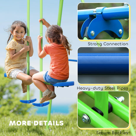 Outsunny Metal Garden Swing Set Height Adjustable Children Outdoor Backyard Play Set for Toddlers Over 3 Years Old, Green