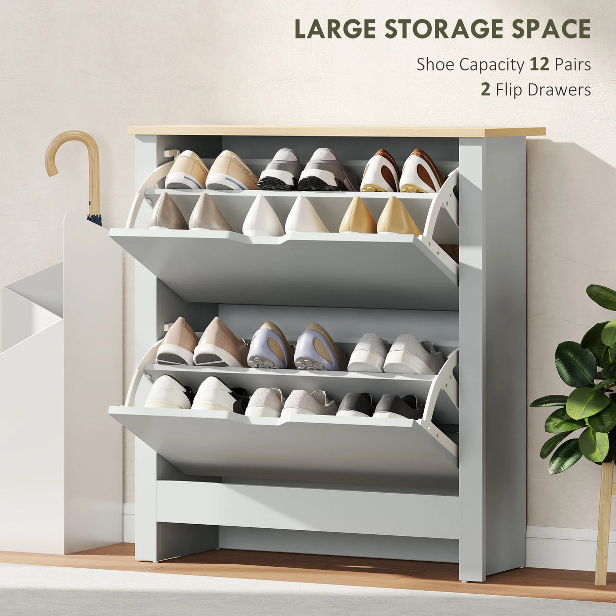 HOMCOM Slim Shoe Cabinet, Narrow Shoe Cupboard with 2 Flip Drawers, Adjustable Shelves for 12 Pairs of Shoes, Light Grey