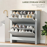 HOMCOM Slim Shoe Cabinet, Narrow Shoe Cupboard with 2 Flip Drawers, Adjustable Shelves for 12 Pairs of Shoes, Light Grey