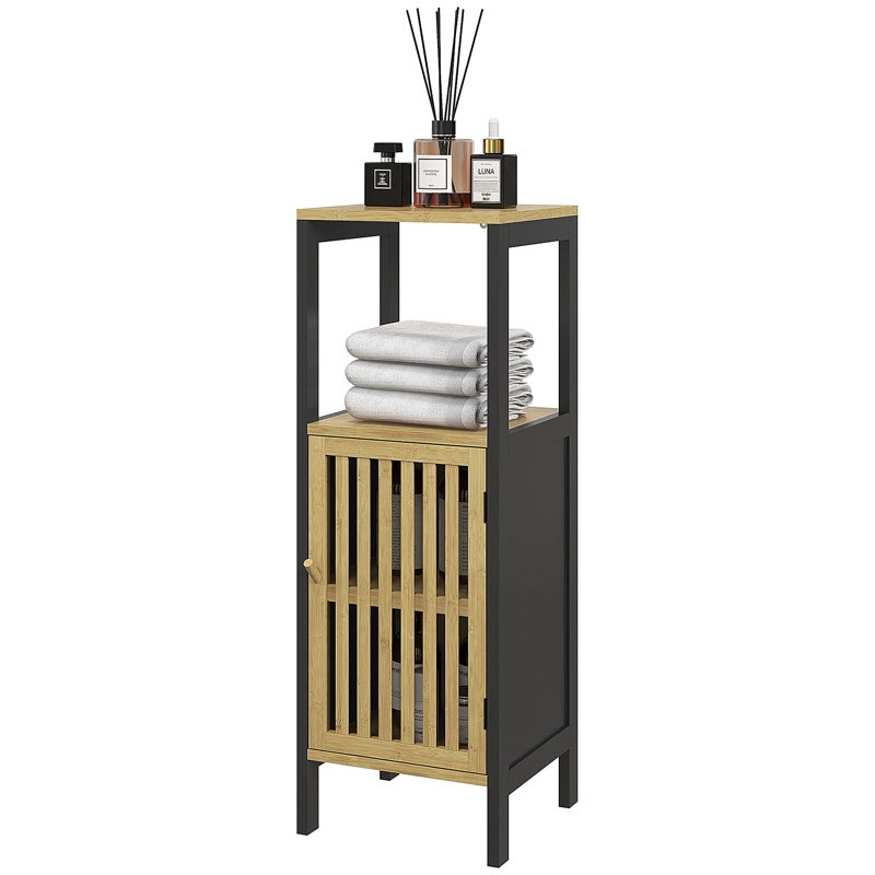 HOMCOM Bamboo-Blend Retro Cut-Out Bathroom Storage Unit, with Cupboard