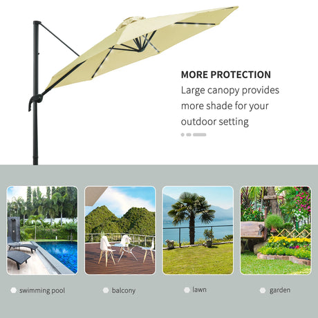 Outsunny 3(m) LED Cantilever Parasol Garden Sun Umbrella w/ Base and Solar Lights Beige