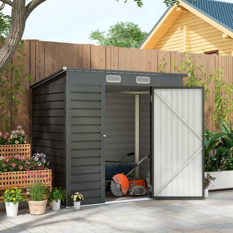 Outsunny 4 x 6ft Galvanised Metal Garden Shed, with Locking Door - Grey