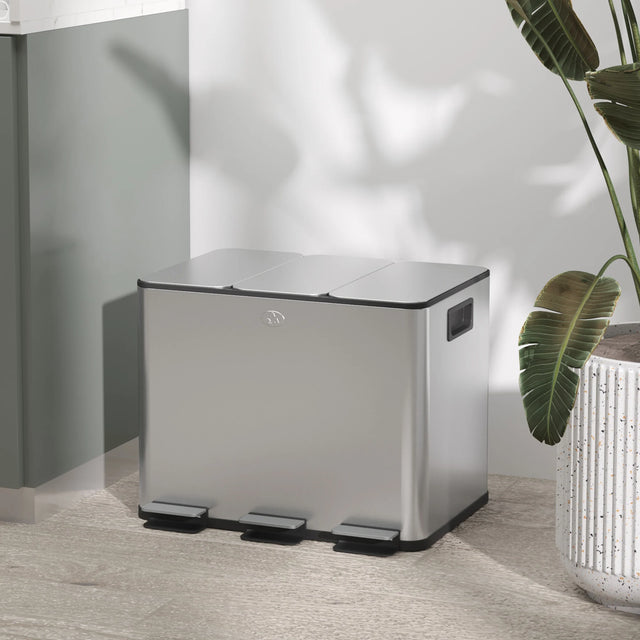 HOMCOM 3 x 20L Pedal Bin, Steel Triple Kitchen Bin with Soft Close Lid, Removable Inner Buckets, Fingerprint-Proof, Silver Tone