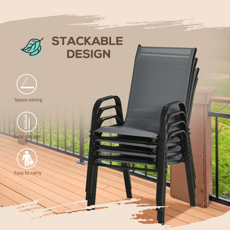 Outsunny 4 Pieces Garden Chairs, Stackable Outdoor Chairs with High Backrest and Armrest, Breathable Mesh Fabric Dining Chair Set of 4, Dark Grey