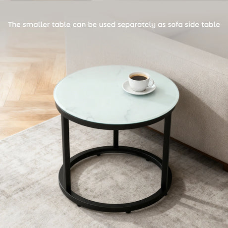 HOMCOM Glass Coffee Table Set of 2, Round Nest of Tables with Marble-Effect Tempered Glass Tabletop and Steel Frame, Modern Side Tables for Living Room, White