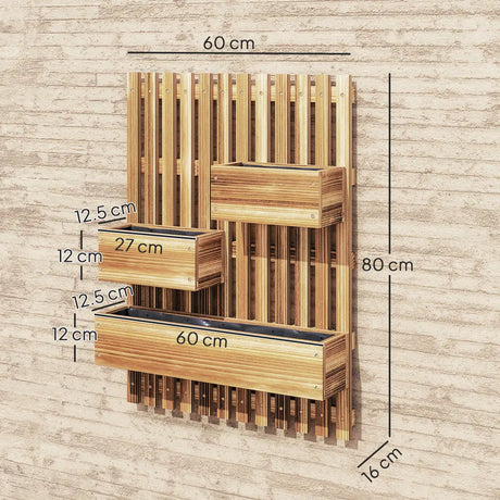Outsunny Wall-mounted Wooden Garden Planters with Trellis, Drainage Holes and 3 Planter Boxes for Patio, Carbonised