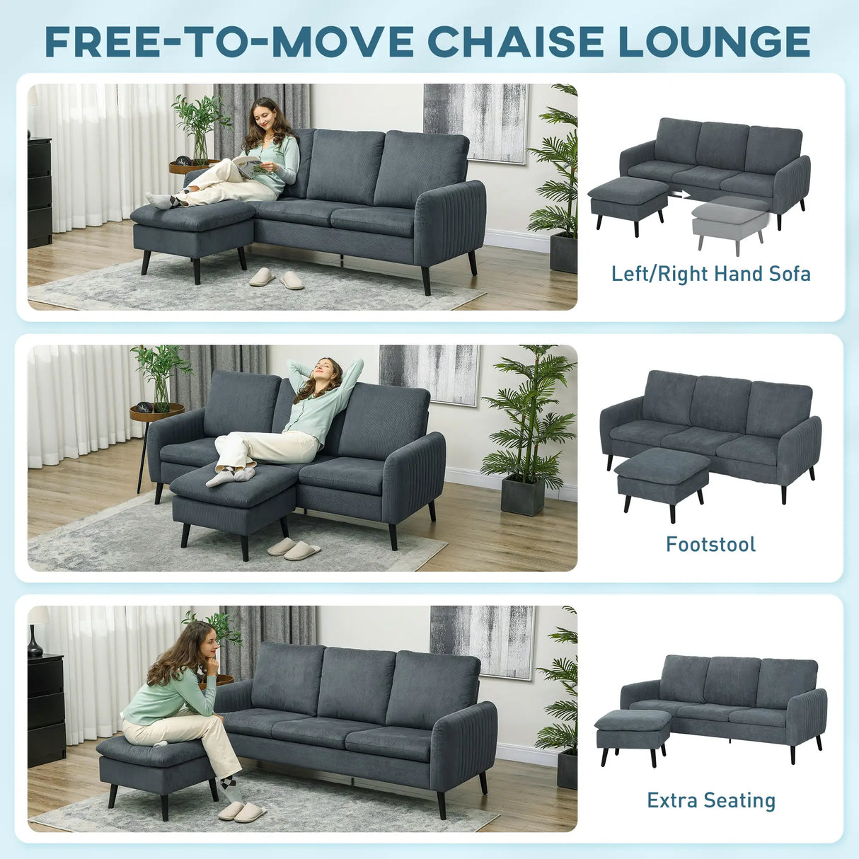 HOMCOM 3 Seater Sofa with Ottoman, 196cm Corduroy L-shaped Sofa Couch with Scatter Back, Reversible Chaise Lounge for Living Room, Home Office, Small Spaces, Charcoal Grey