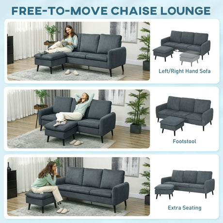 HOMCOM 3 Seater Sofa with Ottoman, 196cm Corduroy L-shaped Sofa Couch with Scatter Back, Reversible Chaise Lounge for Living Room, Home Office, Small Spaces, Charcoal Grey
