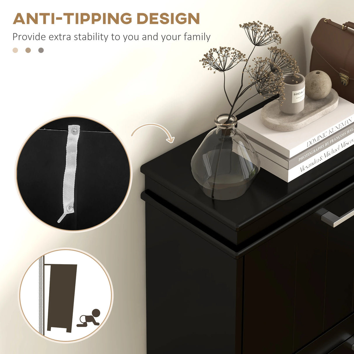 HOMCOM Three-Drawer Minimalistic Shoe Cabinet - Black