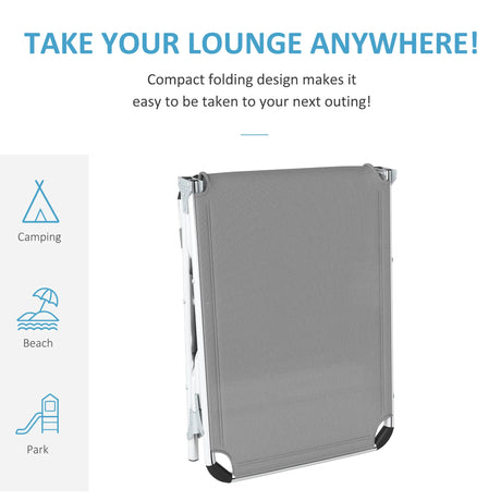 Outsunny Foldable Outdoor Sun Lounger Set of 2, Reclining Lounge Chair Camping Bed Cot with Pillow 4-Level Adjustable Back Aluminium Frame, Light Grey