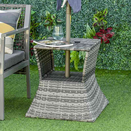 Outsunny Outdoor Patio Rattan Wicker Coffee Table Bistro Side Table w/ Umbrella Hole and Storage Space, Grey