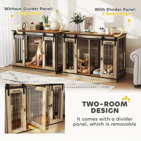 PawHut Dog Crate Furniture for Large Dogs, Double Dog Cage for Small Dogs, with Sliding Doors - Oak Tone